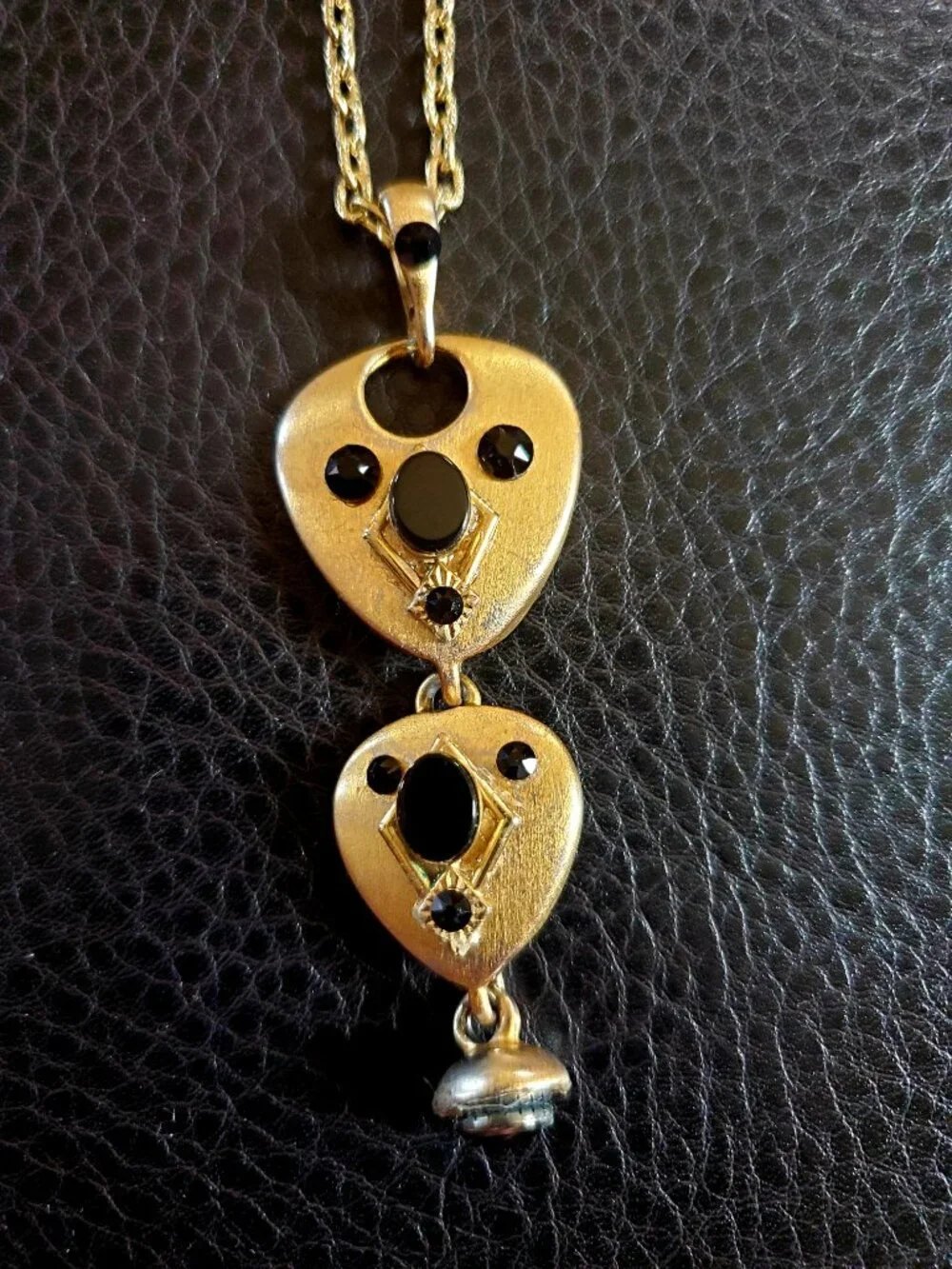 Brushed Gold Black Rhinestone Long Dangle Pendant Dressy Necklace Vintage 20